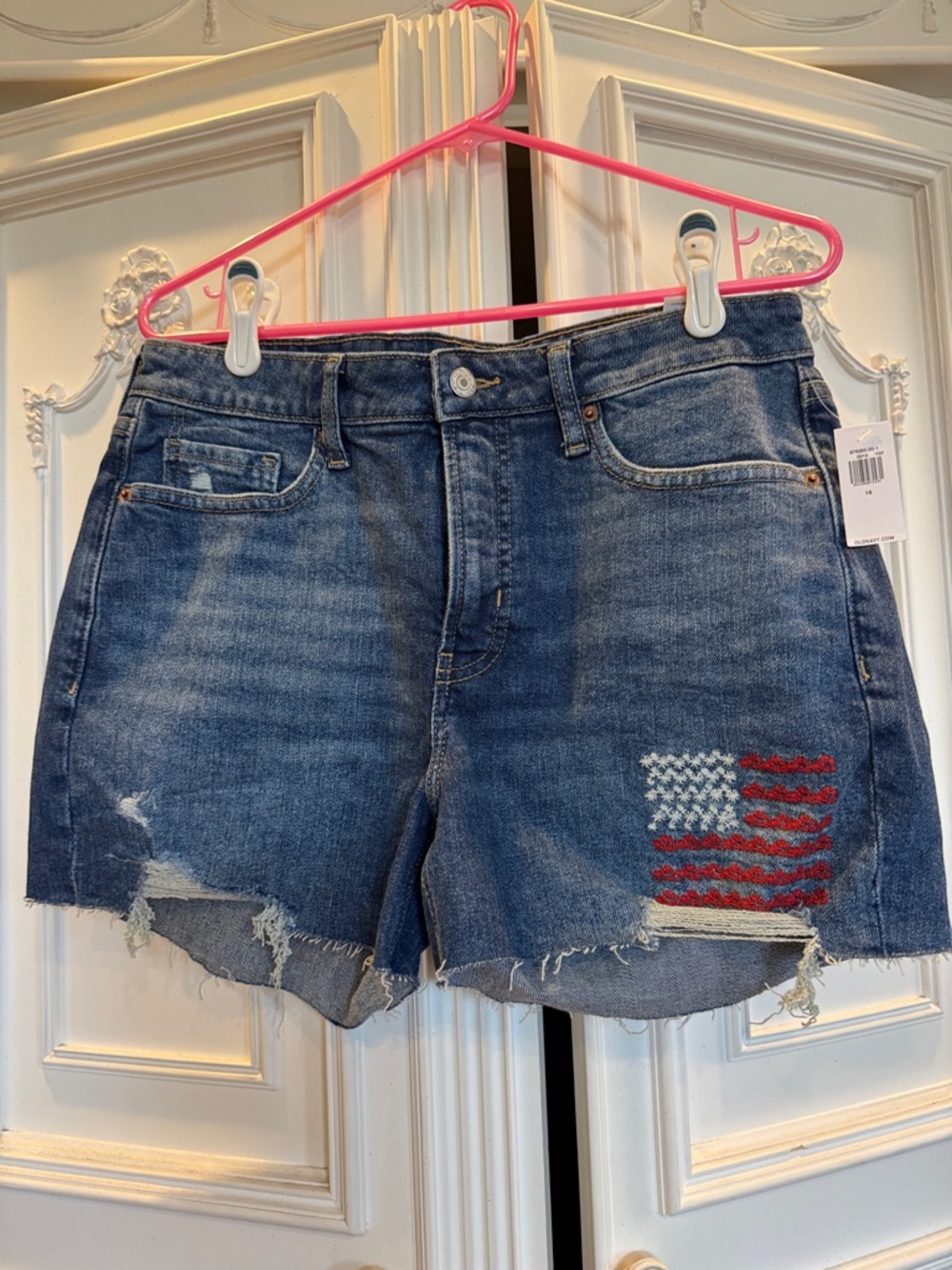 Old Navy Blue Denim Cutoff Shorts with Flag Embroidery